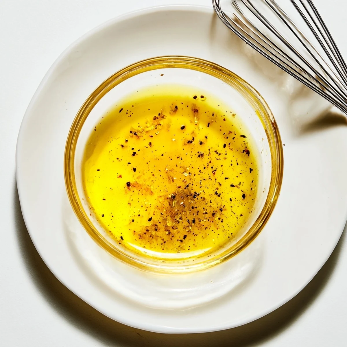 Golden honey lemon vinaigrette drizzled over fresh mixed greens in a white bowl
