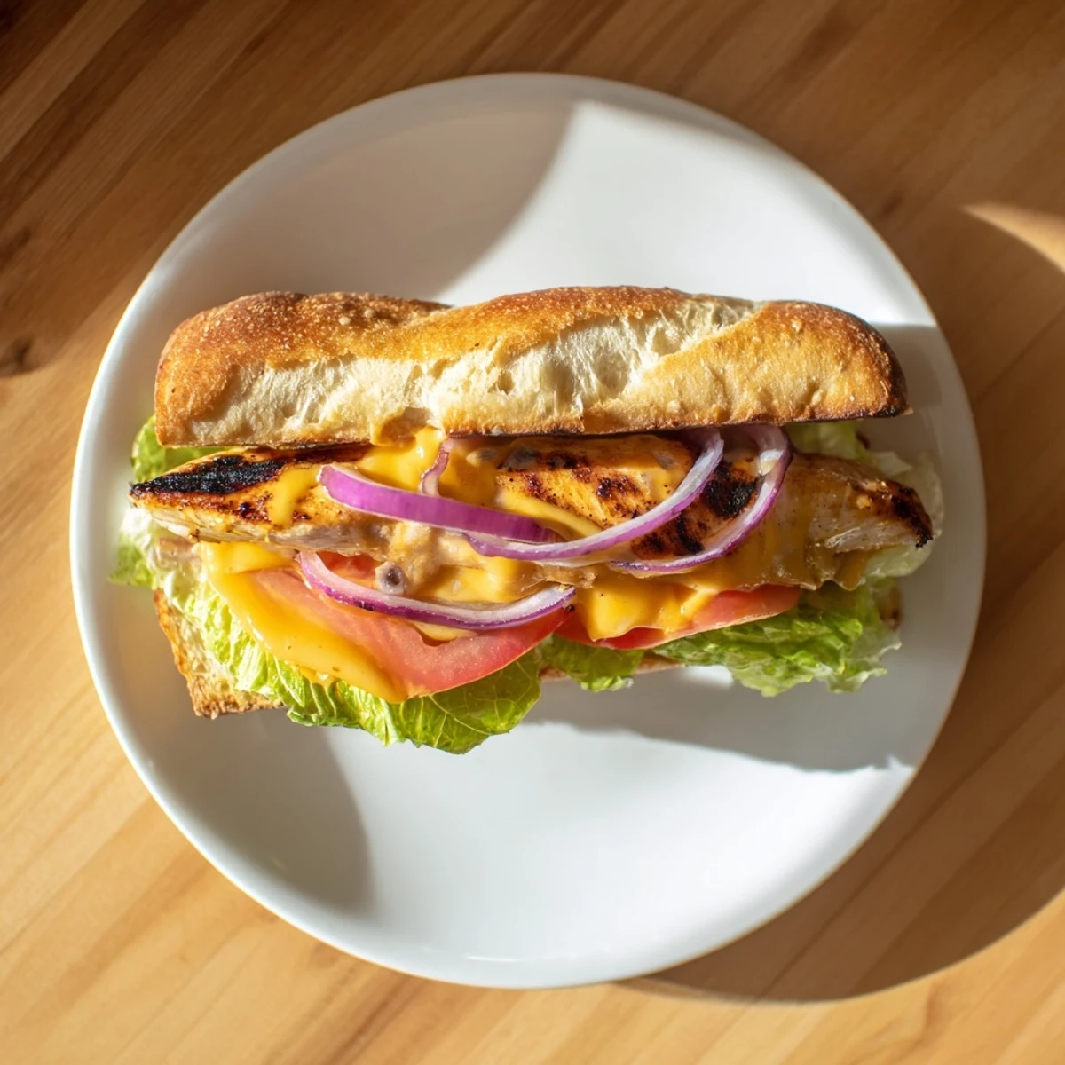 Golden melted cheddar blankets juicy grilled chicken breast on toasted ciabatta bun with crisp lettuce