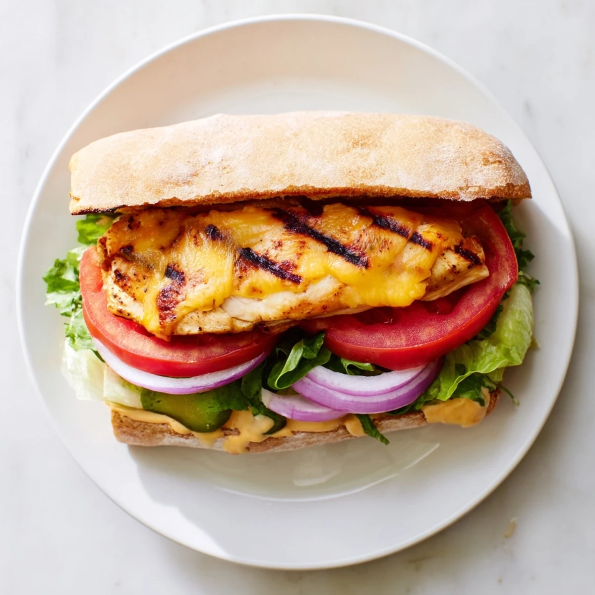 Toasted sandwich bun overflowing with spiced grilled chicken, melted cheese, and crunchy red onion rings