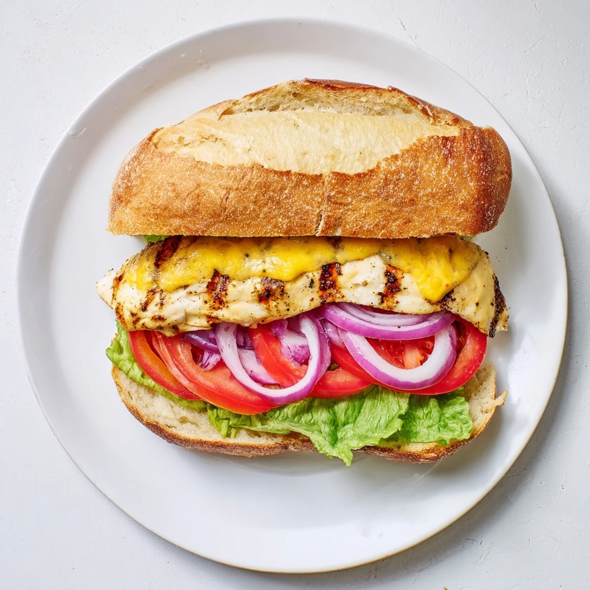 Bite into cheesy grilled chicken sandwich layered with fresh tomato slices and tangy Dijon mayo