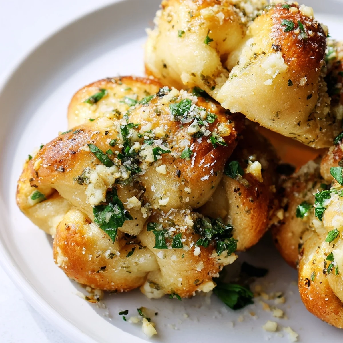 Golden gluten-free garlic knots brushed with melted butter and fresh parsley, served warm on a white plate