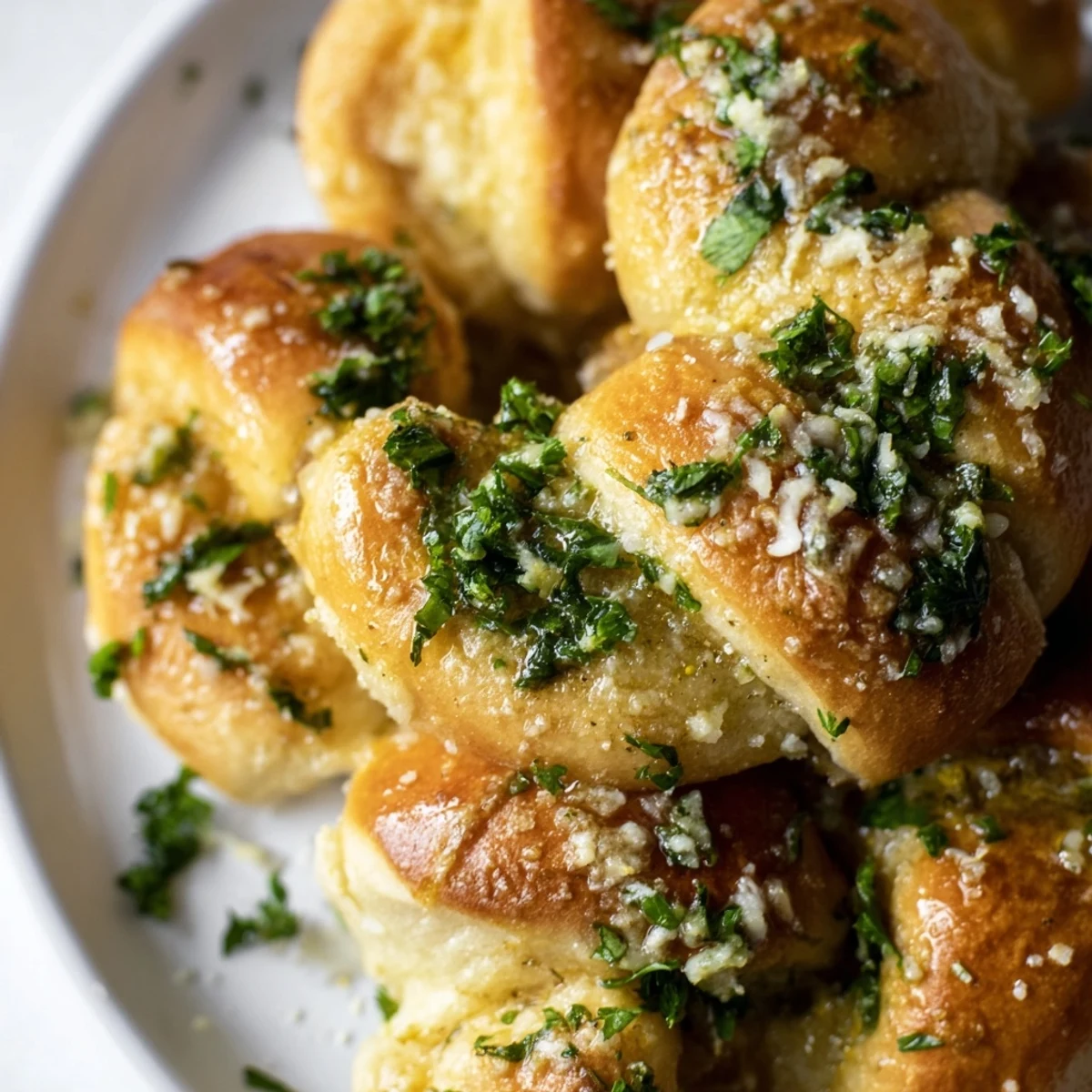 Basket of warm gluten-free garlic knots tied into classic shapes, topped with savory garlic butter and herbs