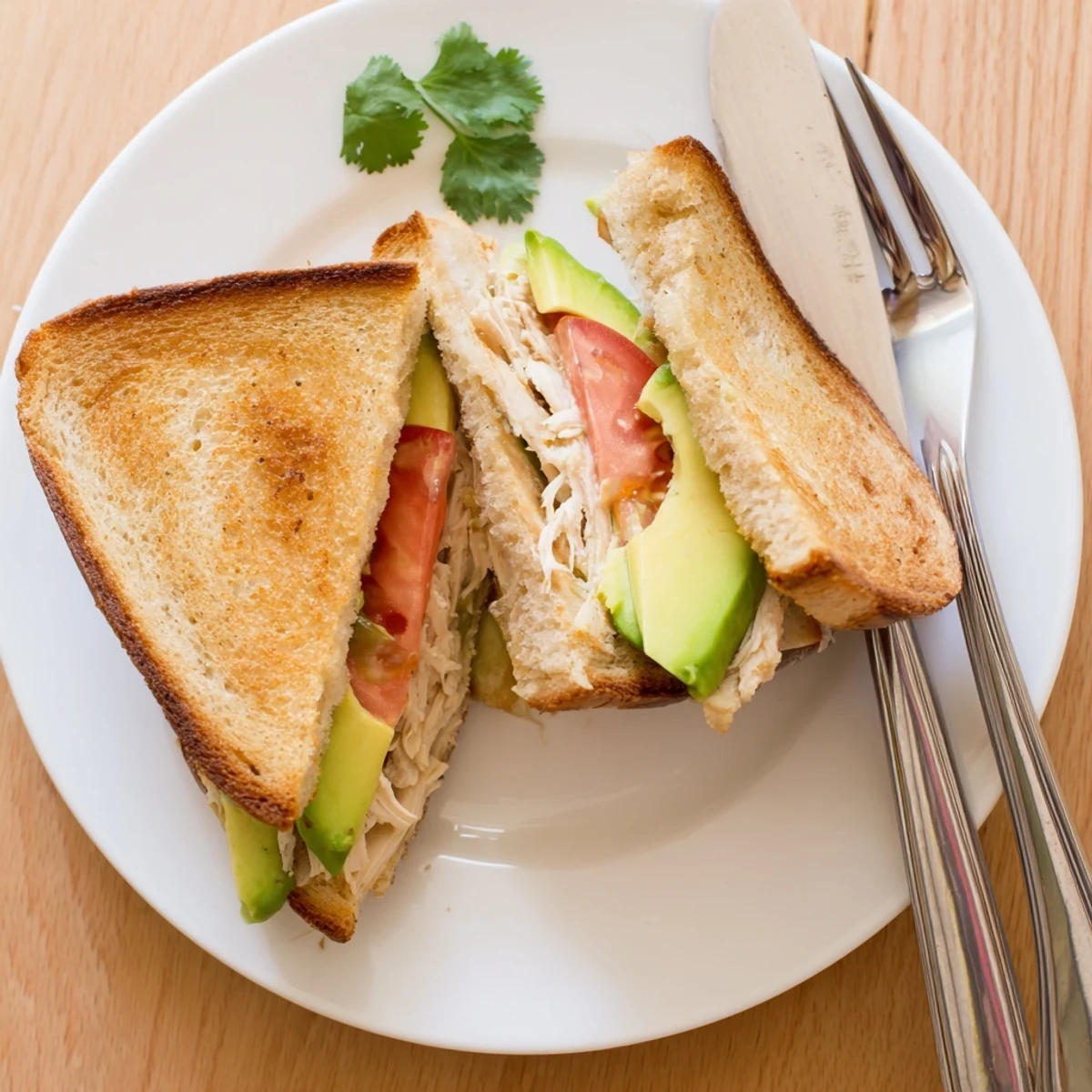 Golden toasted chicken avocado melt sandwich oozing melted provolone cheese on sourdough bread