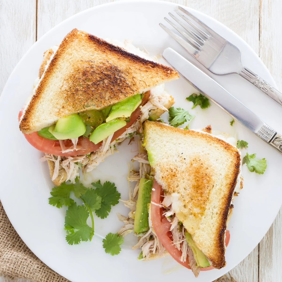 Sliced chicken avocado melt sandwich on a white plate with fresh tomato and creamy avocado layers