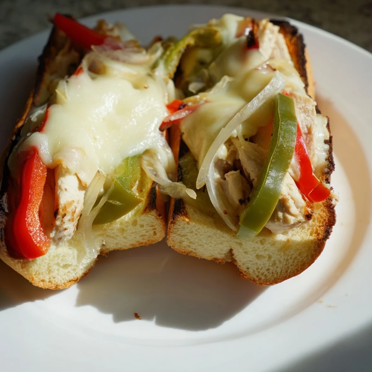 Golden melted provolone blankets tender chicken and sautéed peppers inside a toasted hoagie roll