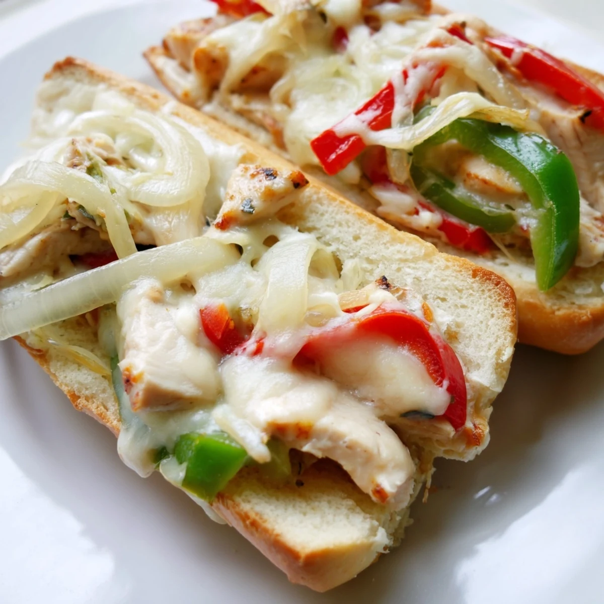 Savory chicken cheesesteak sandwich overflowing with caramelized onions, colorful bell peppers, and gooey cheese