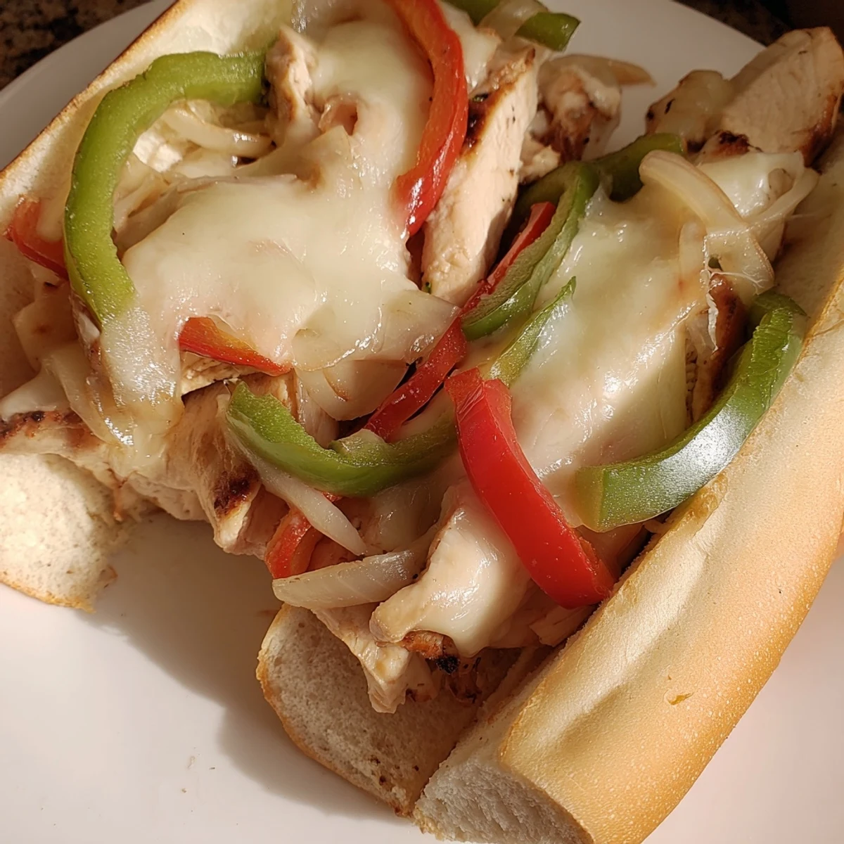Hearty chicken cheesesteak sandwich on a warm toasted roll packed with seasoned chicken and melted provolone