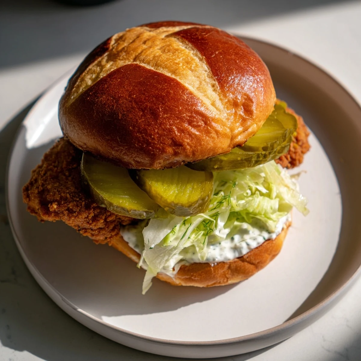 Brioche bun layered with crunchy fried chicken breast and fresh dill pickle slices