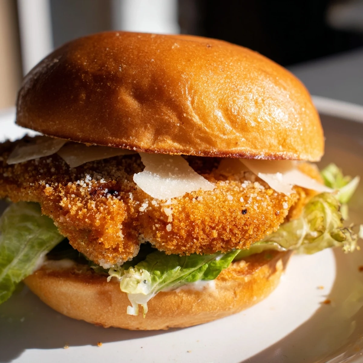 Golden brown crispy chicken breast fillet nestled in toasted brioche bun with fresh romaine lettuce