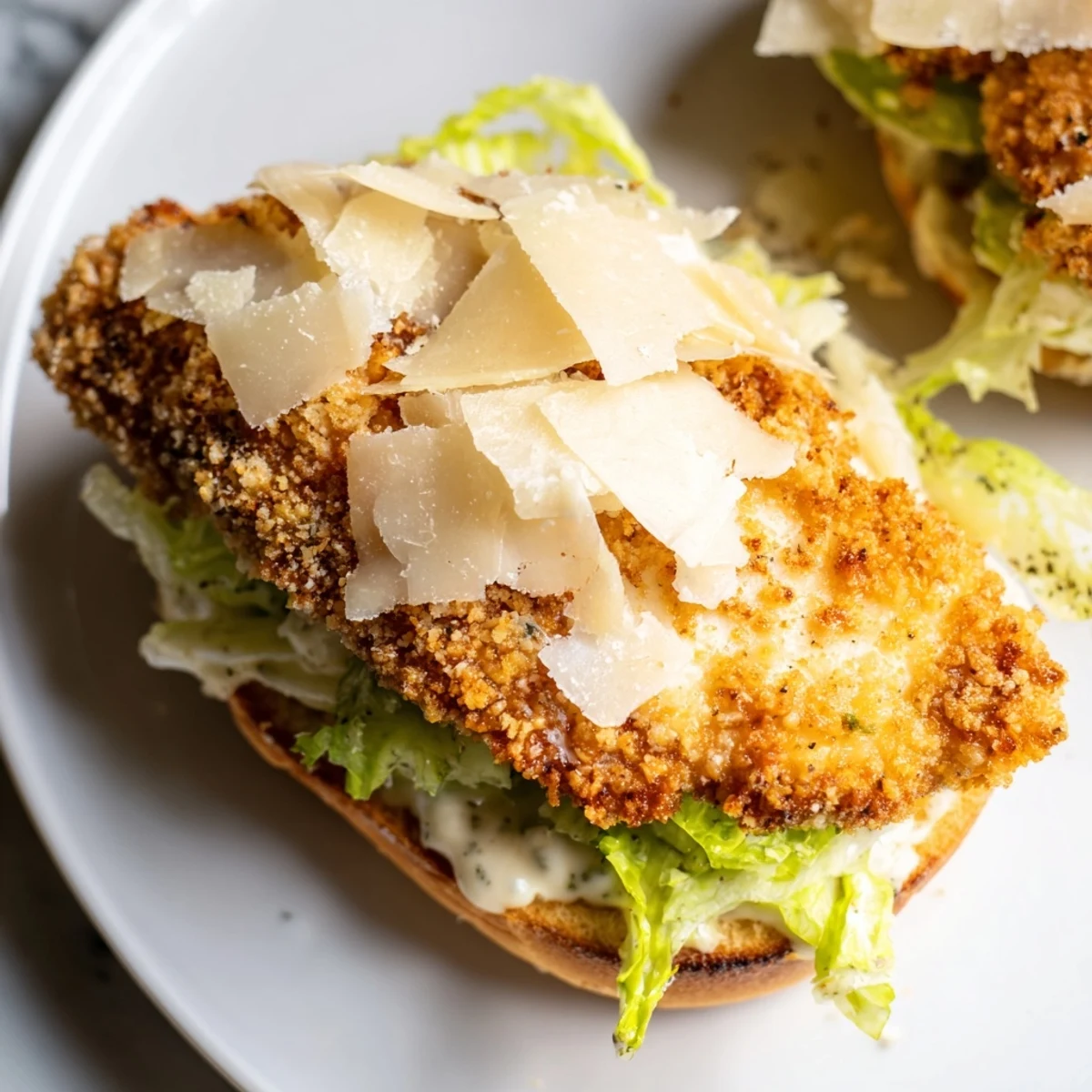 Crispy Chicken Caesar Sandwich loaded with tangy dressing and shaved Parmesan cheese on sesame bun