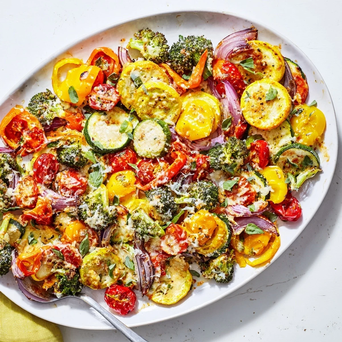 Golden roasted vegetables drizzled with creamy sun-dried tomato sauce and fresh basil garnish