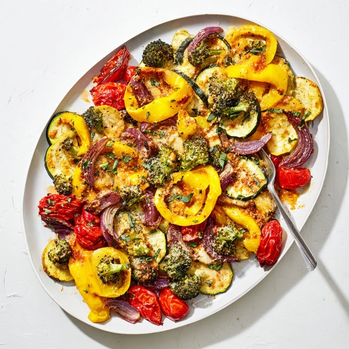 Colorful vegetable medley tossed in rich Parmesan cream sauce after oven roasting to tender perfection