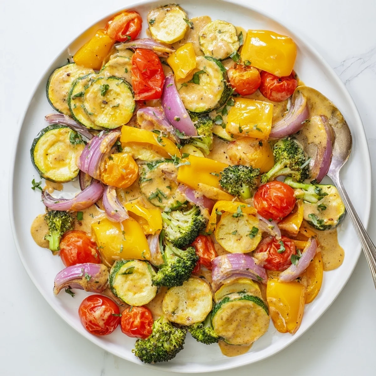 Vibrant zucchini peppers and broccoli coated in savory sun-dried tomato sauce on serving platter