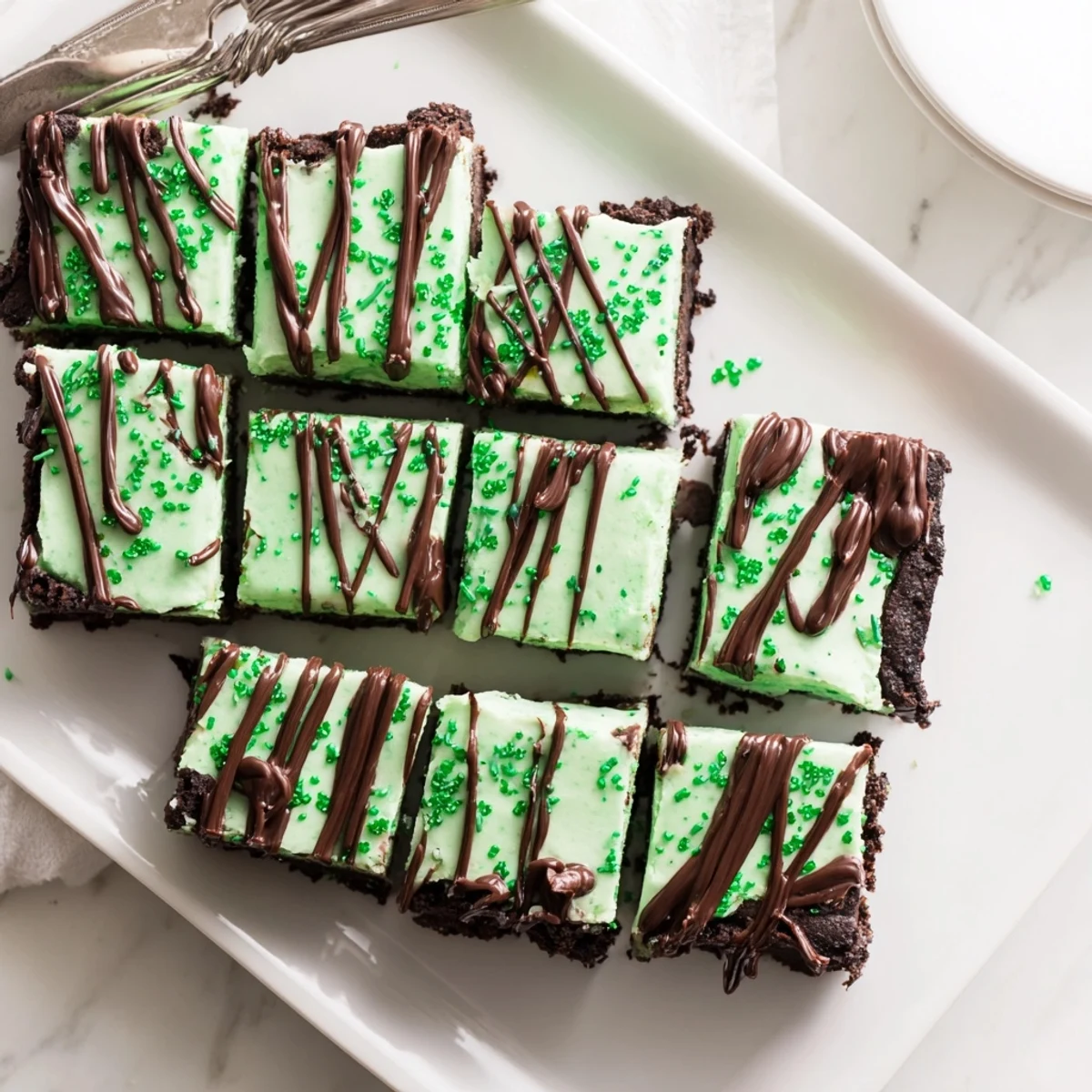 Creamy Irish mint cheesecake fudge bars with white chocolate and Baileys layered over rich chocolate crumb base perfect for St Patricks Day