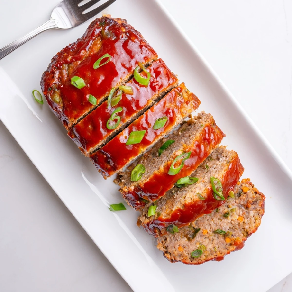 Sliced Korean meatloaf with gochujang glaze drizzled over a white serving plate