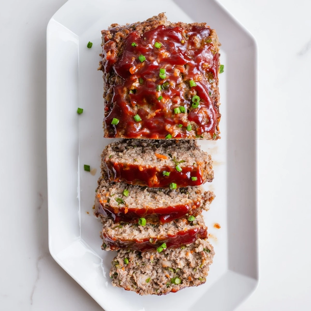 Freshly baked Korean meatloaf brushed with glossy red gochujang glaze ready for serving