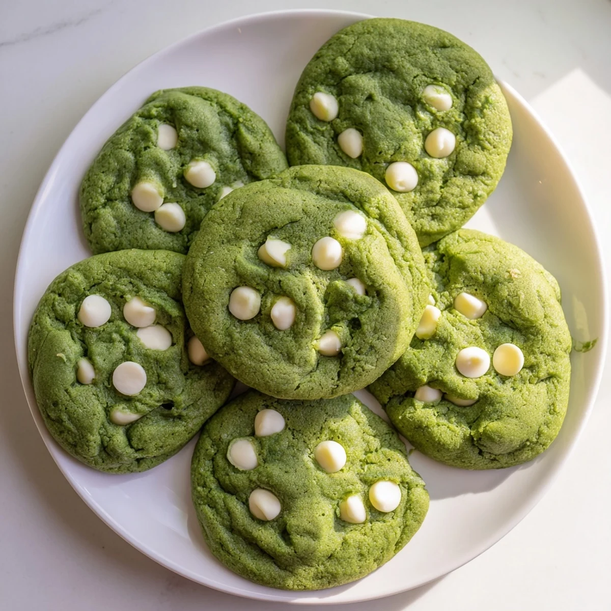 Soft green velvet cookies studded with creamy white chocolate chips on a white plate