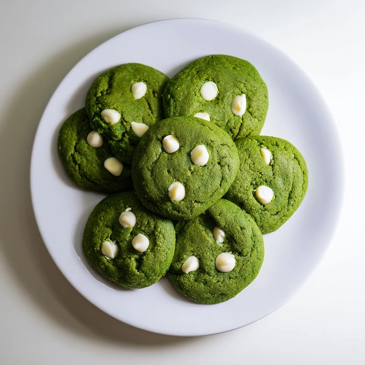 Chewy green velvet cookies with cocoa hints and melty white chocolate chunks