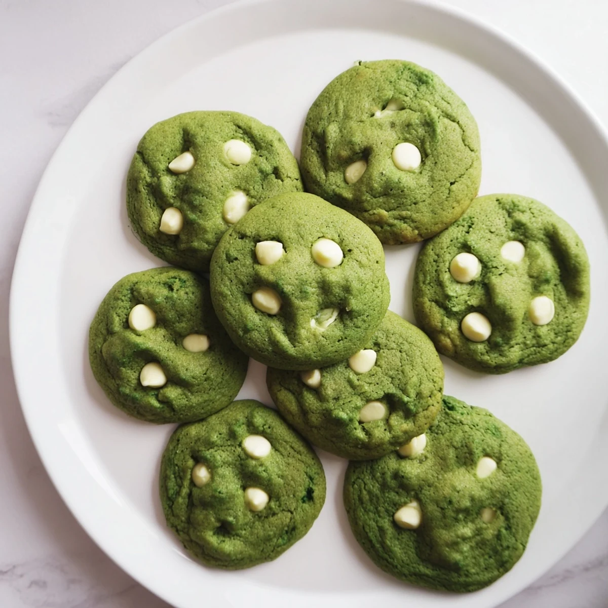 Batch of vibrant green velvet cookies with golden edges and white chocolate throughout
