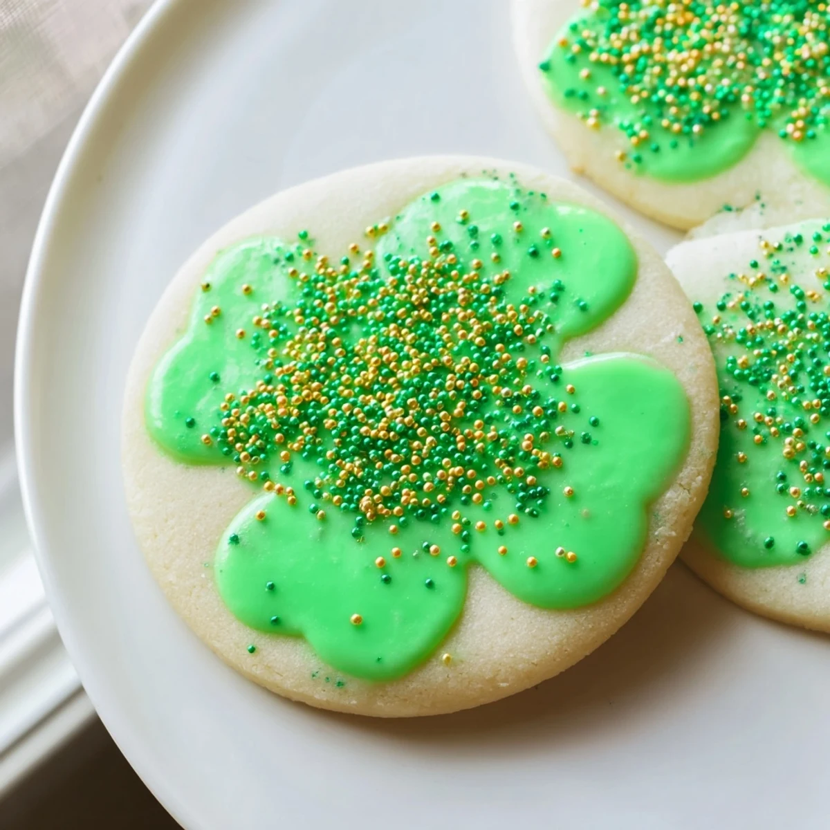 Soft shamrock-shaped sugar cookies decorated with smooth green royal icing for your St. Patricks Day dessert spread