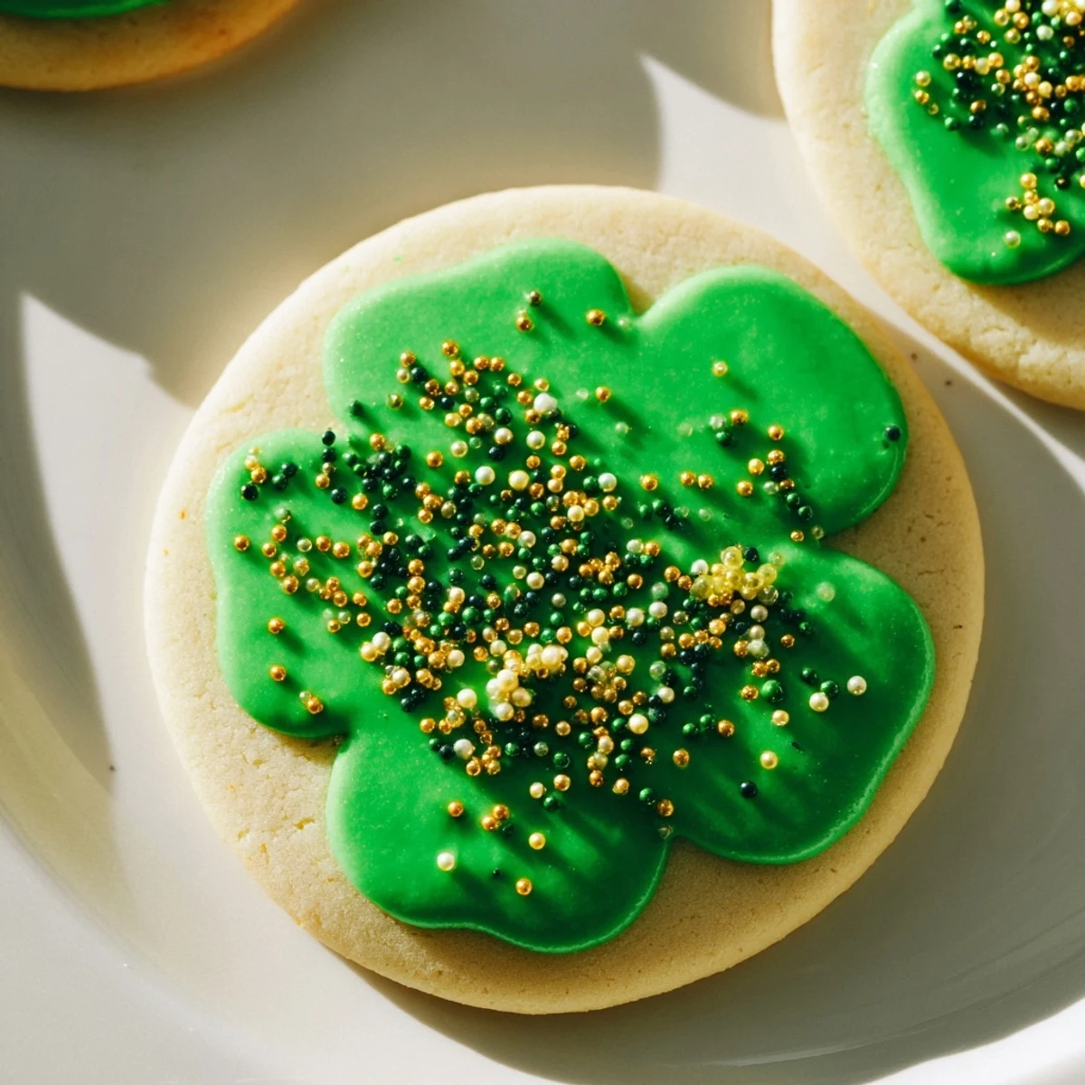 Festive St. Patricks Day sugar cookies topped with vibrant green icing and sparkling gold sprinkles on a white plate