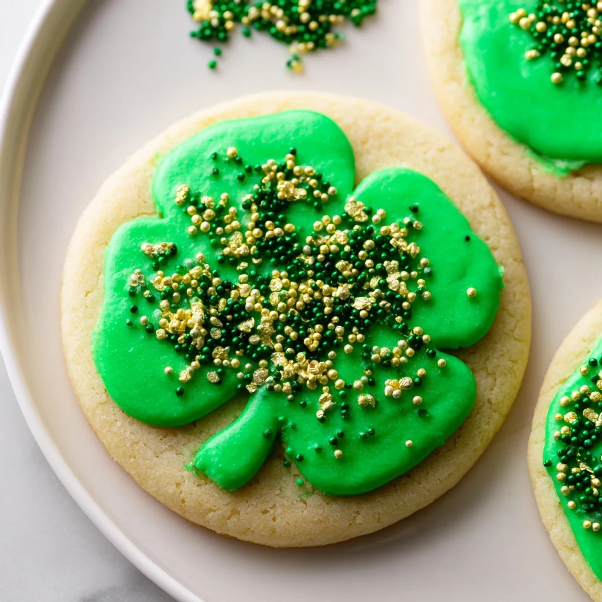 Batch of tender St. Patricks Day sugar cookies with glossy green frosting and colorful sprinkles on a wooden cutting board
