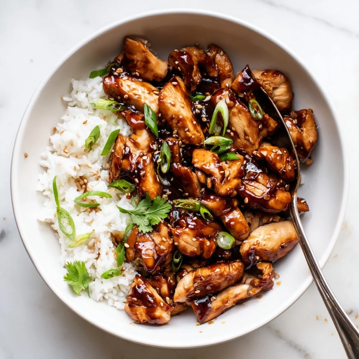 Steaming garlic ginger broth surrounds tender caramelized soy chicken slices atop a bed of jasmine rice