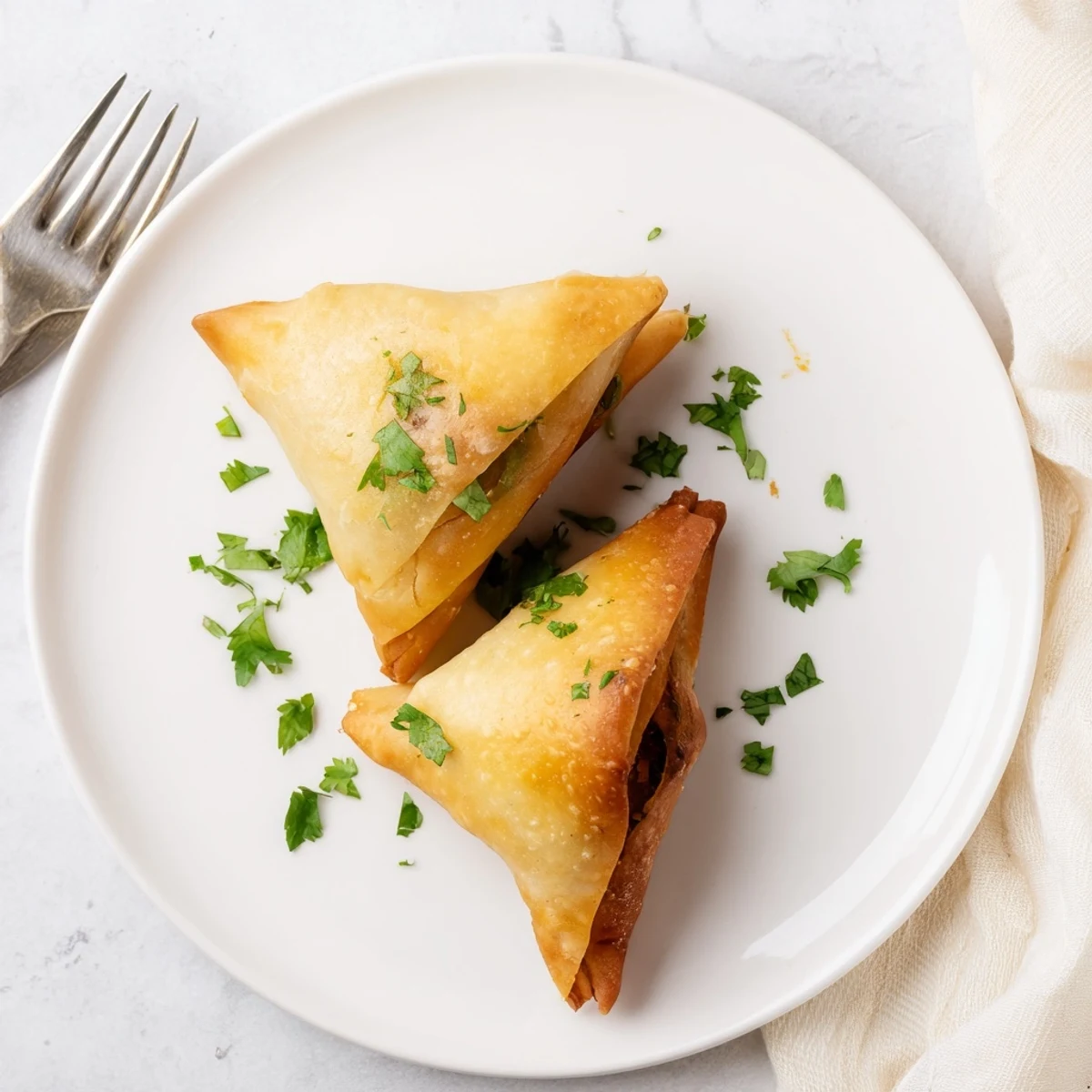 Golden vegetable samosas with crispy pastry and spiced potato pea filling on serving plate