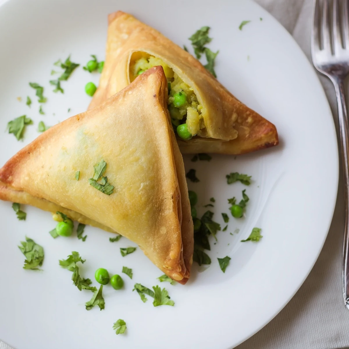 Indian style vegetable samosas featuring flaky crust and flavorful spiced potato pea mixture inside