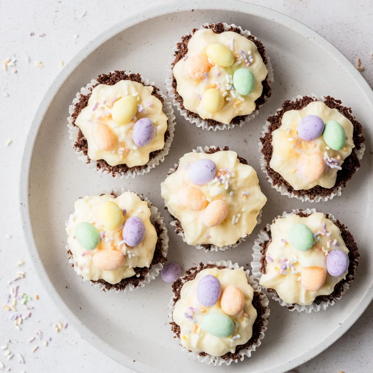 Easter Cadbury Mini Cheesecakes with colorful candy eggs atop fluffy whipped cream