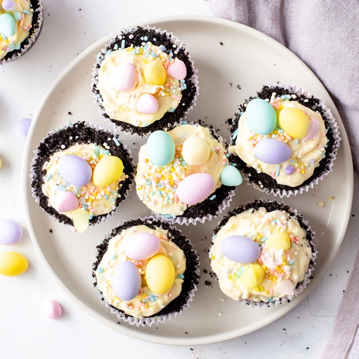 Festive Easter Cadbury Mini Cheesecakes displaying smooth vanilla filling and crushed chocolate candy toppings