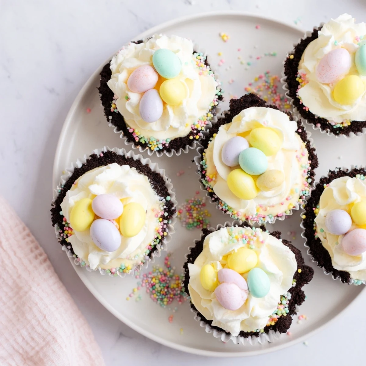 Creamy no-bake Easter Cadbury Mini Cheesecakes in chocolate cookie crusts with pastel sprinkles
