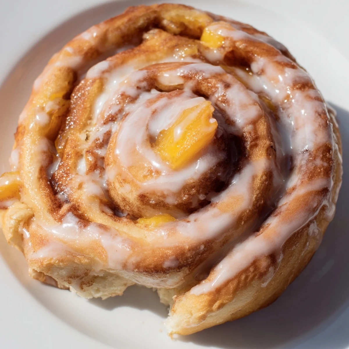 Golden peach pie cinnamon rolls drizzled with vanilla glaze on a white serving plate