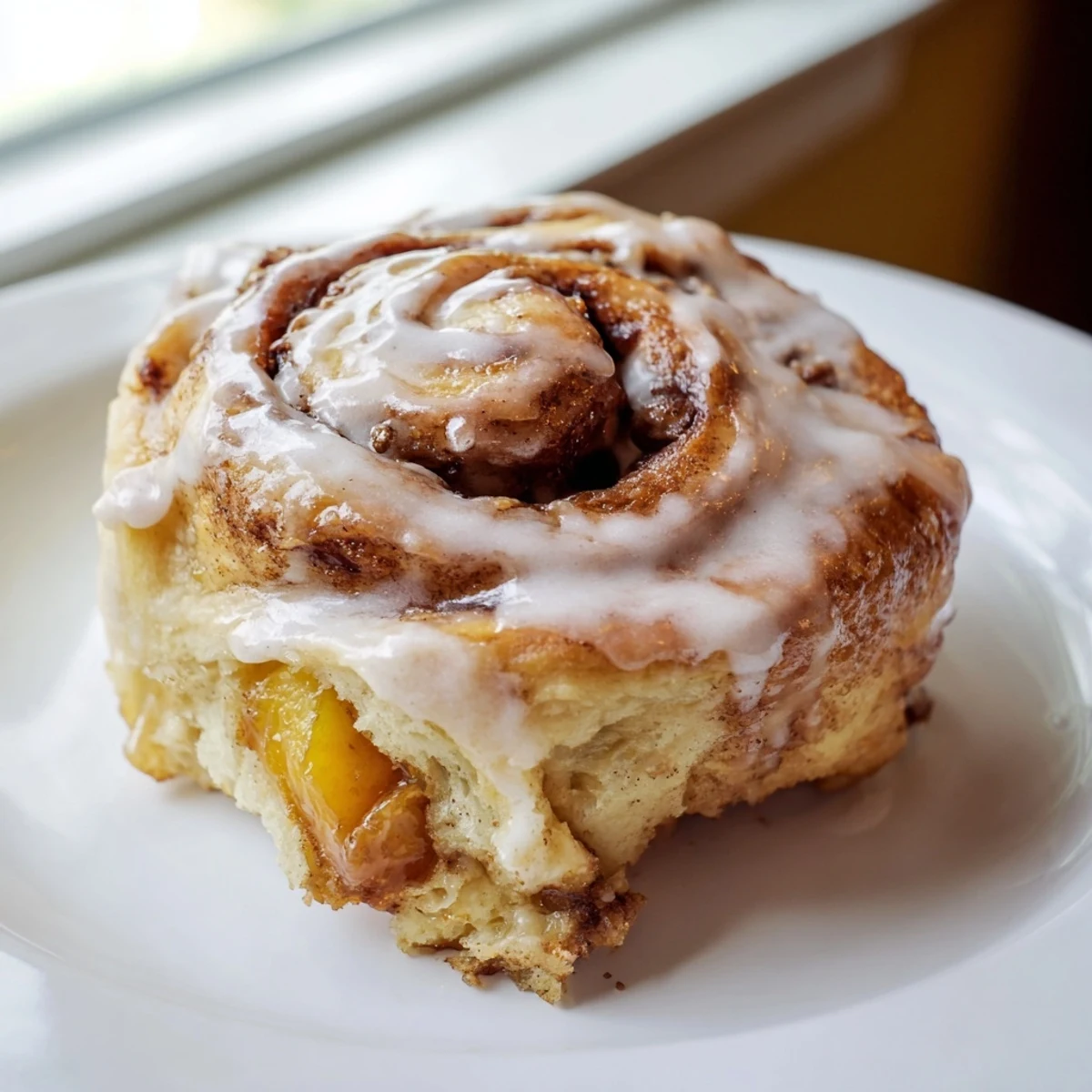 Fluffy homemade peach pie cinnamon rolls swirling with sweet spiced peach filling and buttery cinnamon sugar