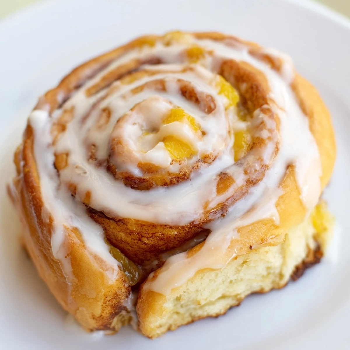 Warm peach pie cinnamon rolls fresh from the oven with luscious vanilla glaze dripping down the spiraled pastry