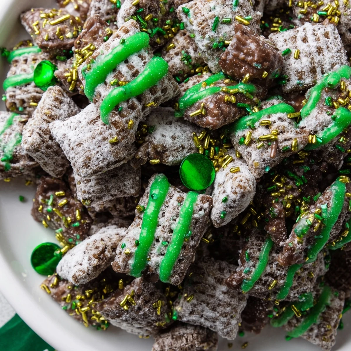 Festive St. Patricks Day puppy chow coated in chocolate peanut butter and topped with vibrant green sprinkles.