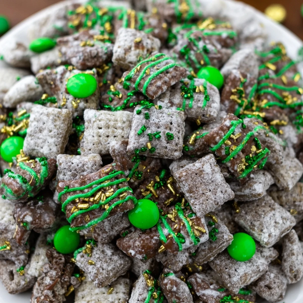 Green and gold sprinkled St. Patricks Day puppy chow served in a decorative bowl for holiday parties.