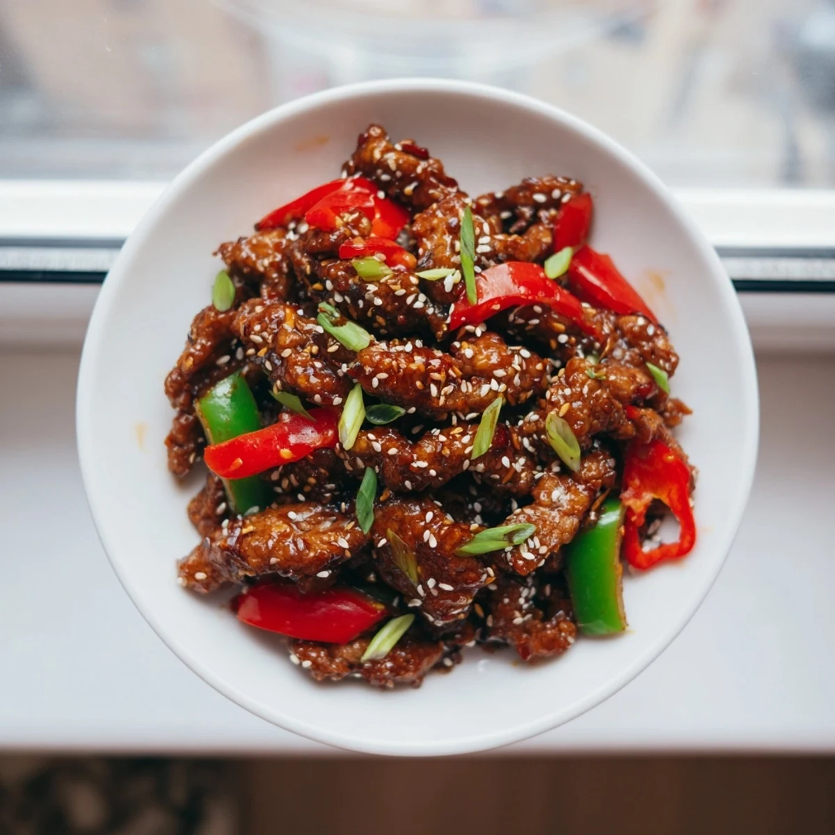 Golden crispy chilli beef tossed in spicy tangy sauce with colorful bell pepper strips