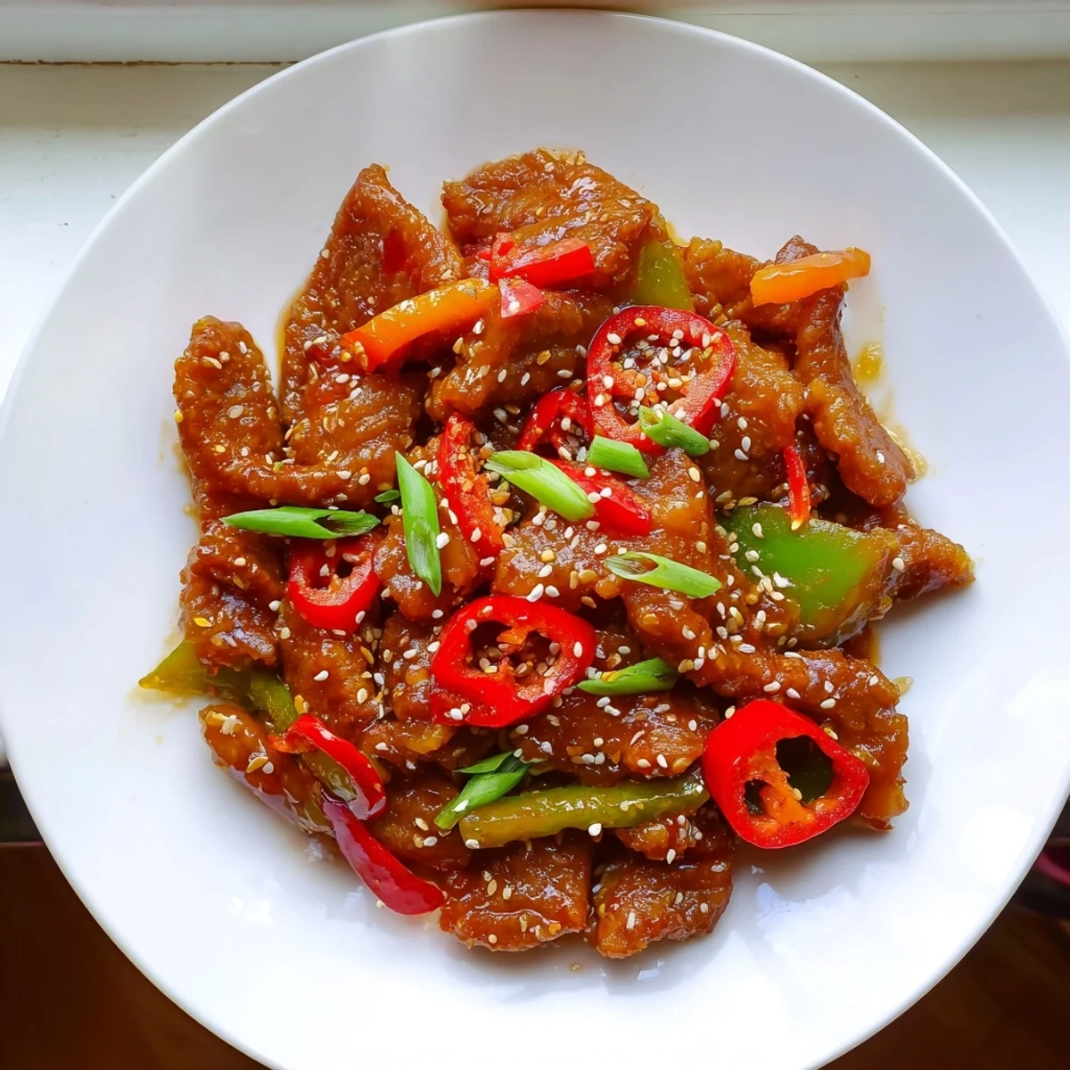 Homemade crispy chilli beef wok tossed with red and green peppers and sesame seeds