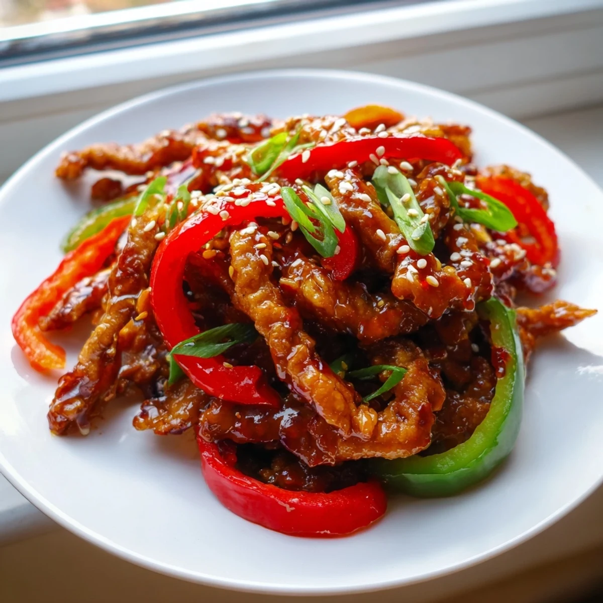 Takeout style crispy chilli beef plated with steamed rice and fresh spring onion garnish
