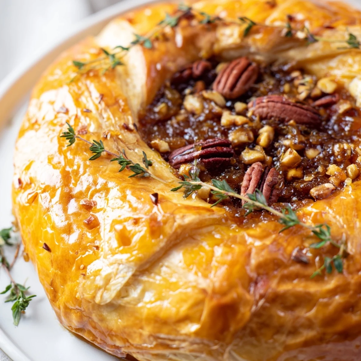 Creamy molten Brie cheese baked in buttery pastry with fig jam and fresh thyme garnish