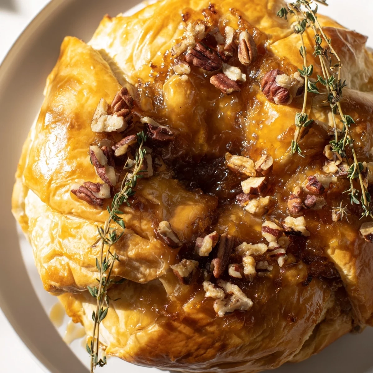 Golden baked Brie wrapped in flaky puff pastry topped with sweet fig jam and toasted pecans