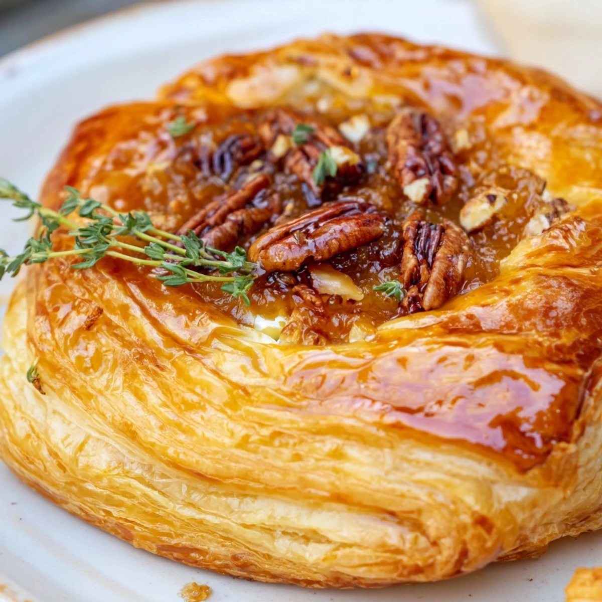 Gooey baked Brie wheel wrapped in golden pastry served with fig jam and baguette slices