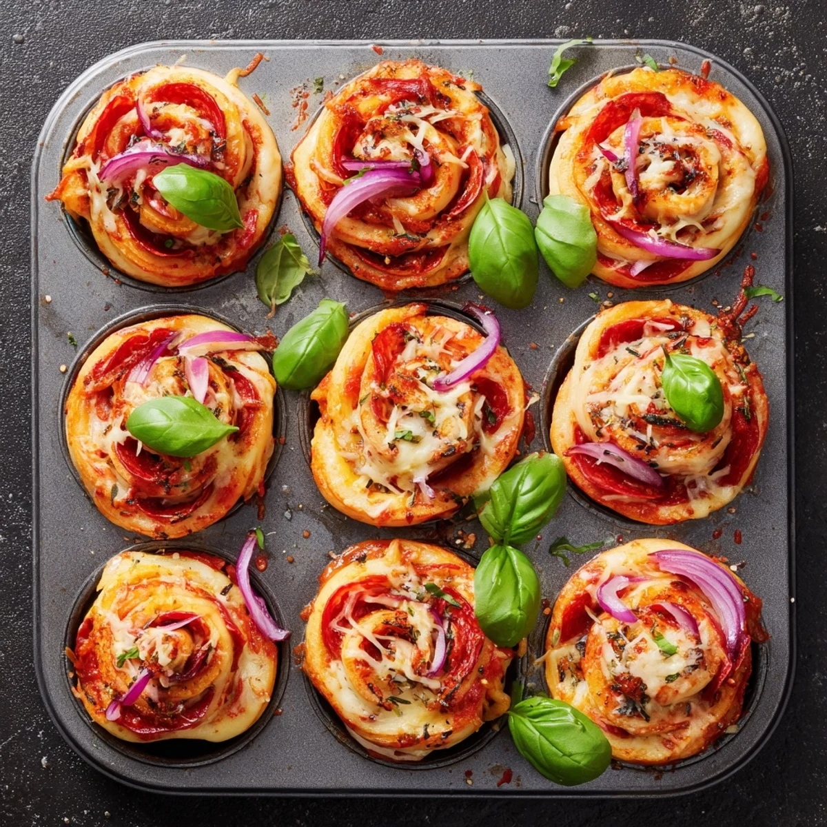 Freshly baked easy pizza roses arranged on serving platter garnished with basil leaves