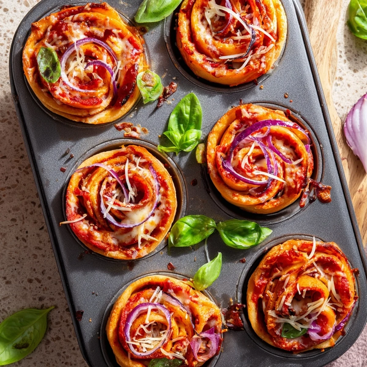 Rolled easy pizza roses featuring pepperoni and red onion baked until golden brown in muffin pan