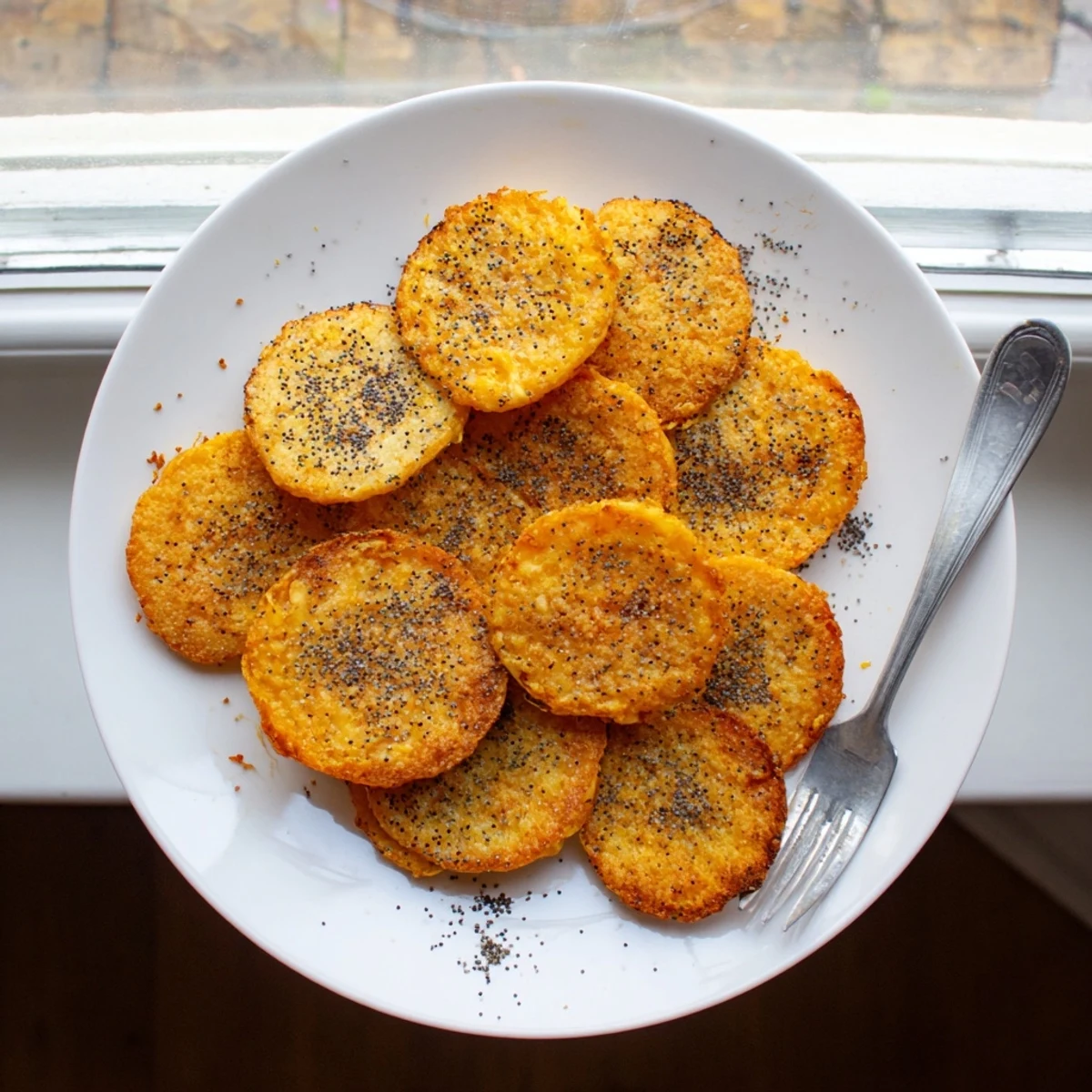 Golden baked cheddar cheese coins arranged on a white platter, ready for serving