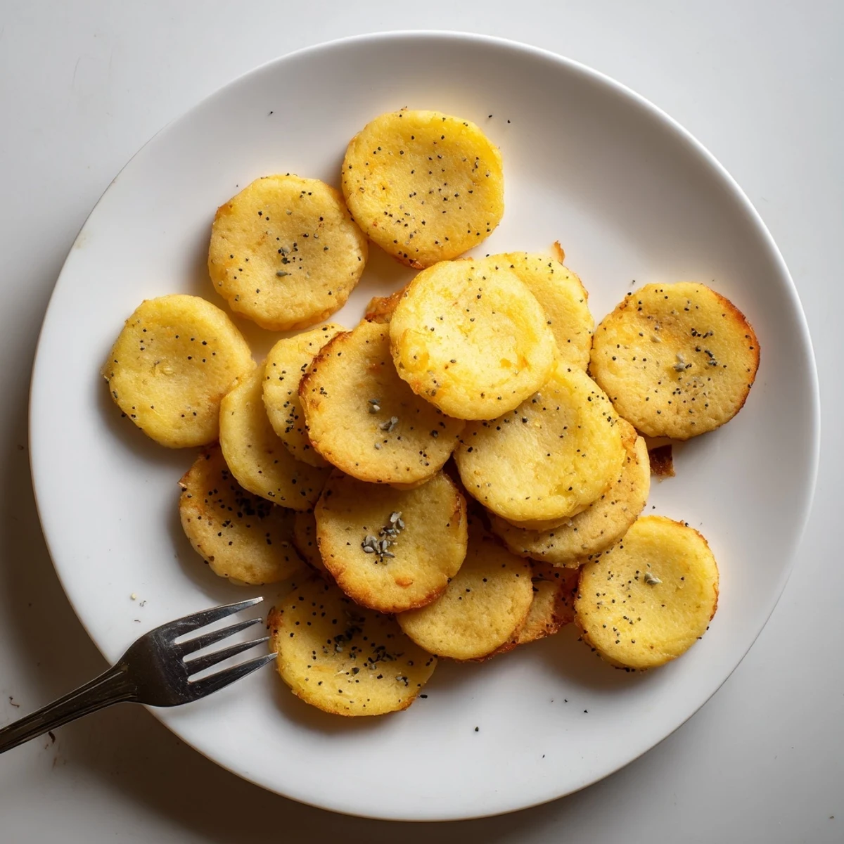 Crispy cheddar cheese coins sprinkled with poppy seeds on a parchment-lined baking sheet