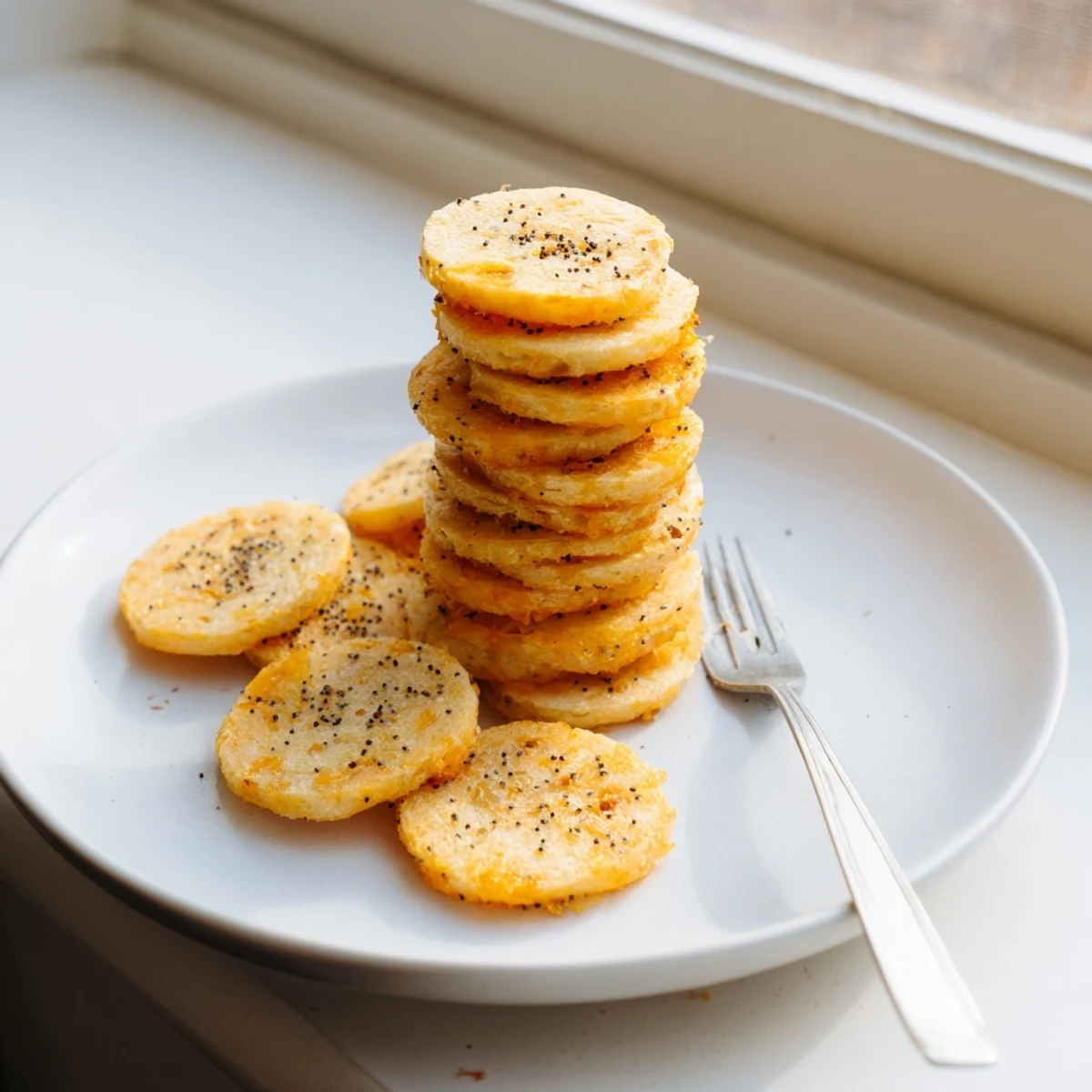 Buttery homemade cheddar cheese coins with golden edges cooling on a wire rack