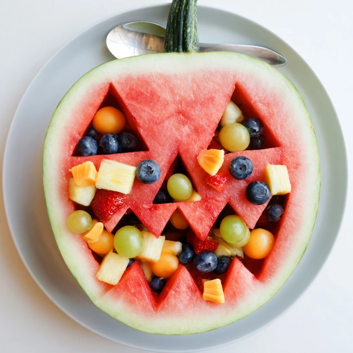 Carved watermelon Jack O Lantern filled with colorful mixed fruit salad for Halloween parties