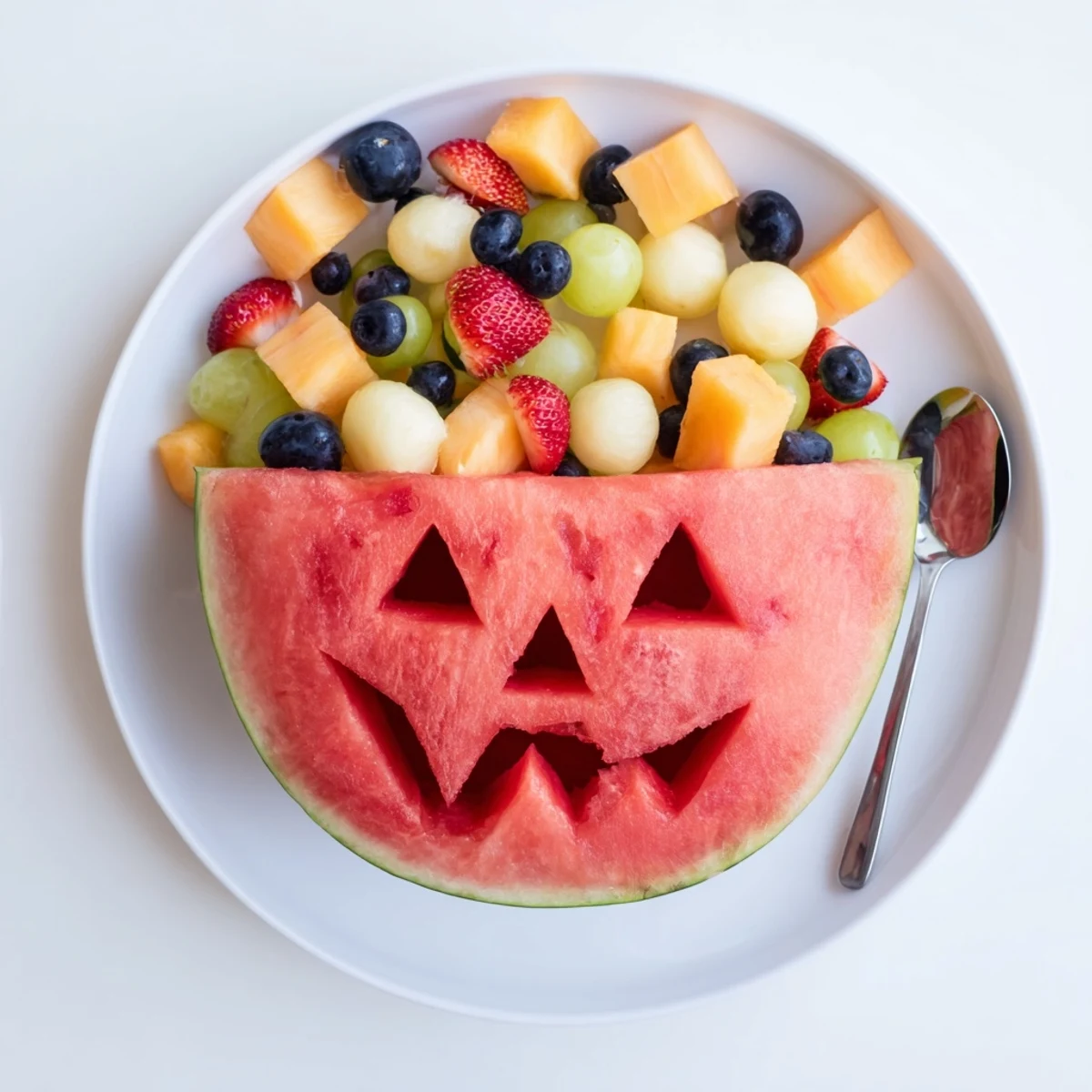 Spooky watermelon Jack O Lantern fruit salad displaying vibrant melon balls and fresh strawberries